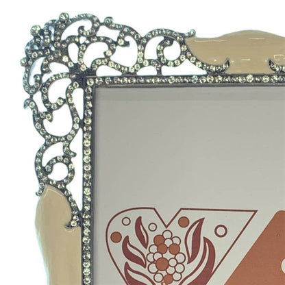 Filigree Bridal Picture Frame - Silver, Cream Enamel, Austrian Crystals 11.25"T