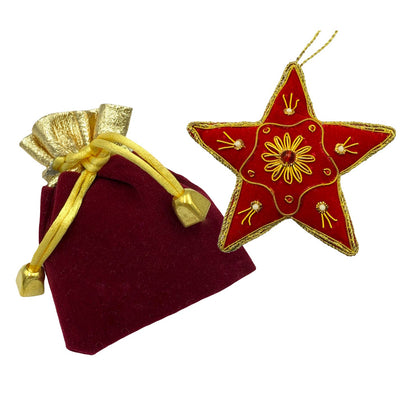 Zari Red Star Christmas Ornament, Zardozi Embroidery, Gift Bag