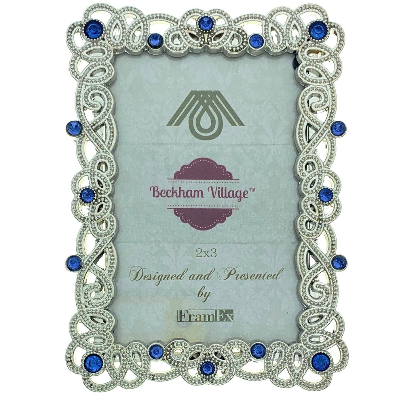 Mini Tabletop Picture Frame, Silver with Blue Rhinestones, Holds 2" x 3" Photo