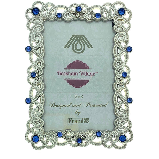 Mini Tabletop Picture Frame, Silver with Blue Rhinestones, Holds 2" x 3" Photo