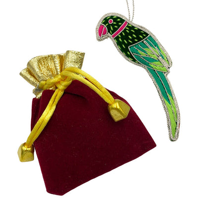 Zari Parrot Christmas Ornament, Zardozi Embroidery, Gift Bag