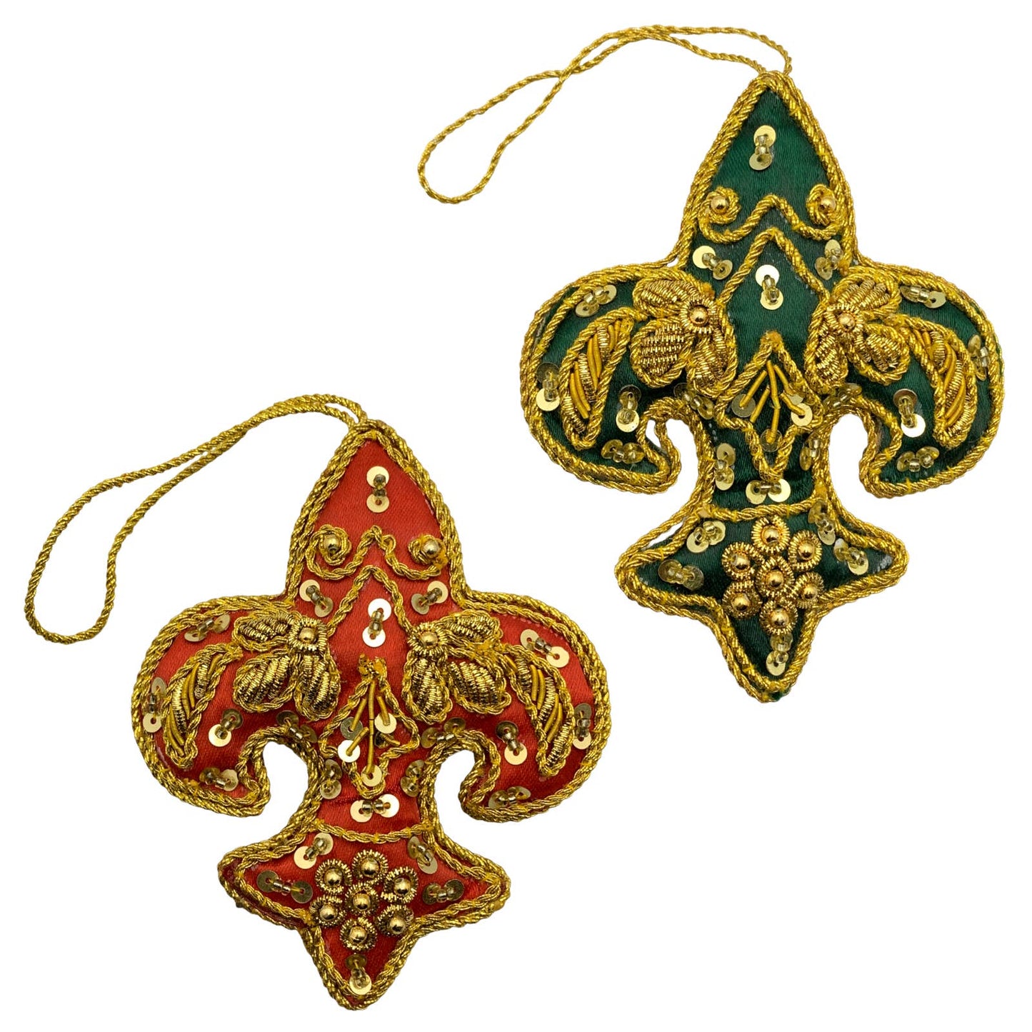 Zari Fleur de Lis Christmas Ornaments, Set of 2, Zardozi Embroidery, Gift Bag