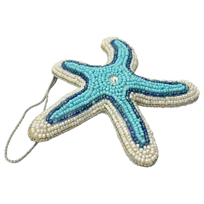 Zari Beaded Coastal Christmas Ornaments, Set of 2, Starfish & Seahorse, Gift Bag