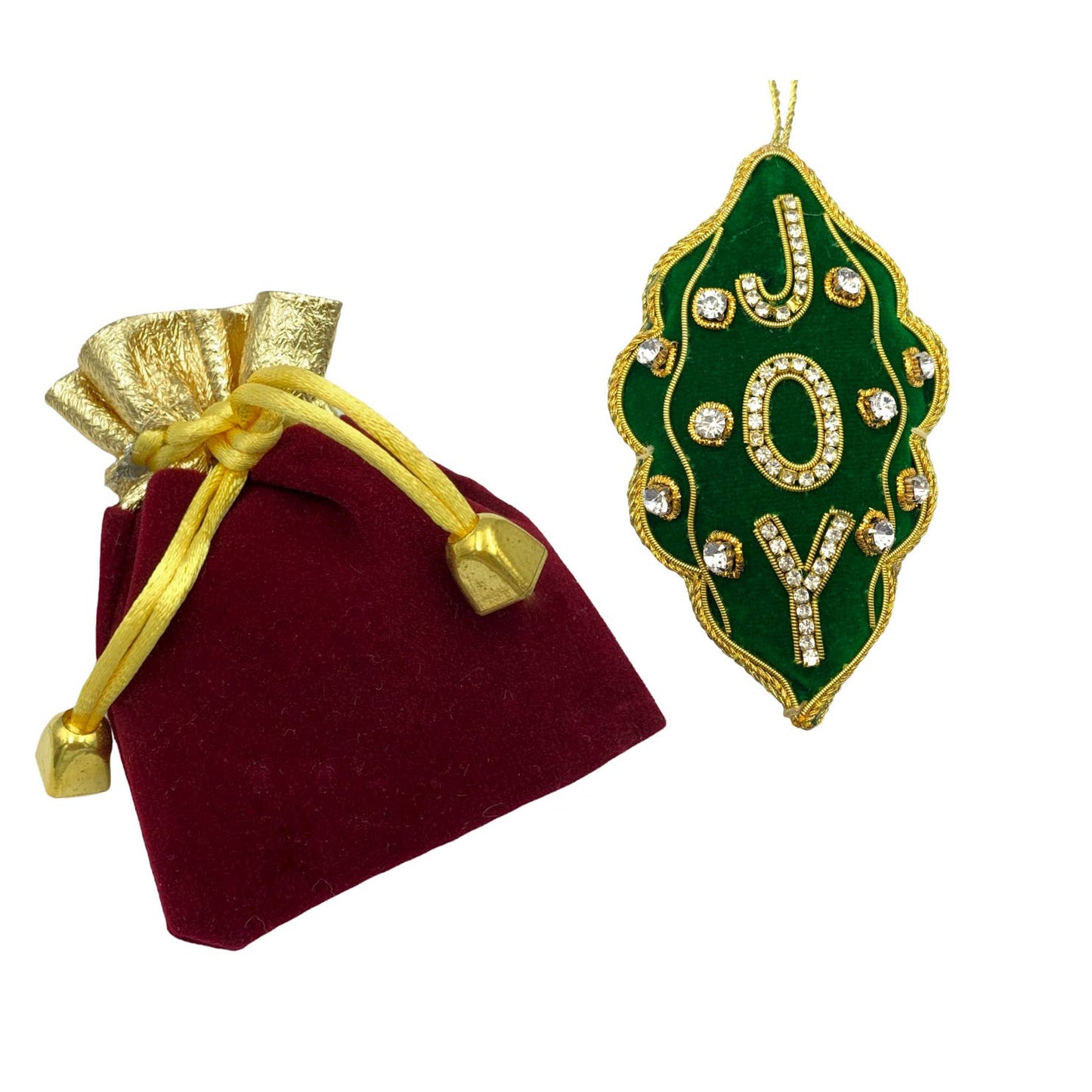 Zari Green Joy Christmas Ornament, Zardozi Embroidery, Gift Bag