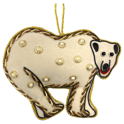 Zari Polar Bear Christmas Ornament, Zardozi Embroidery, Gift Bag