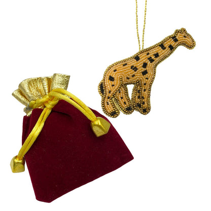 Zari Giraffe Christmas Ornament, Zardozi Embroidery, Gift Bag