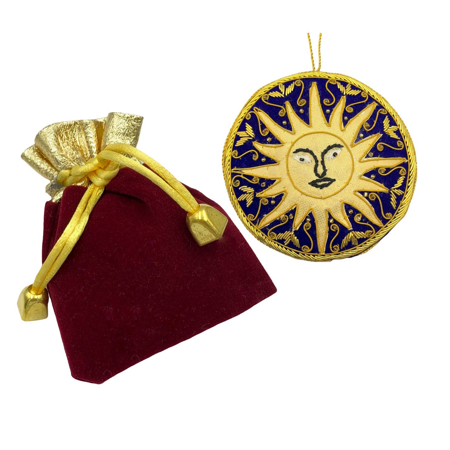 Zari Sun Christmas Ornament, Zardozi Embroidery, Gift Bag