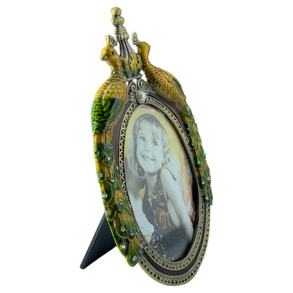 Oval Peacocks Picture Frame, Enameled Pewter with Austrian Crystals