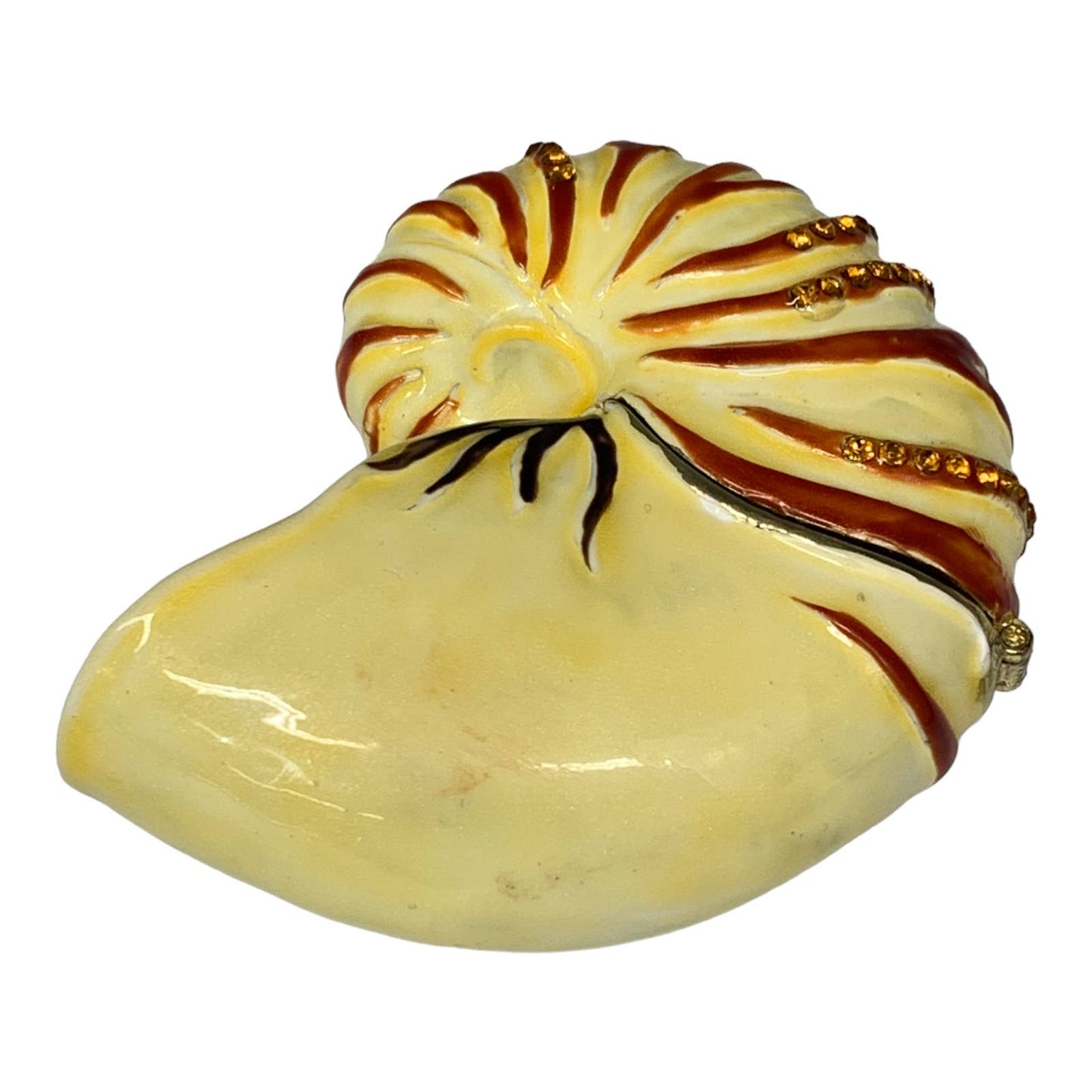 Kubla Crafts Enameled Nautilus Shell Trinket Box, Austrian Crystals, 2.5"L