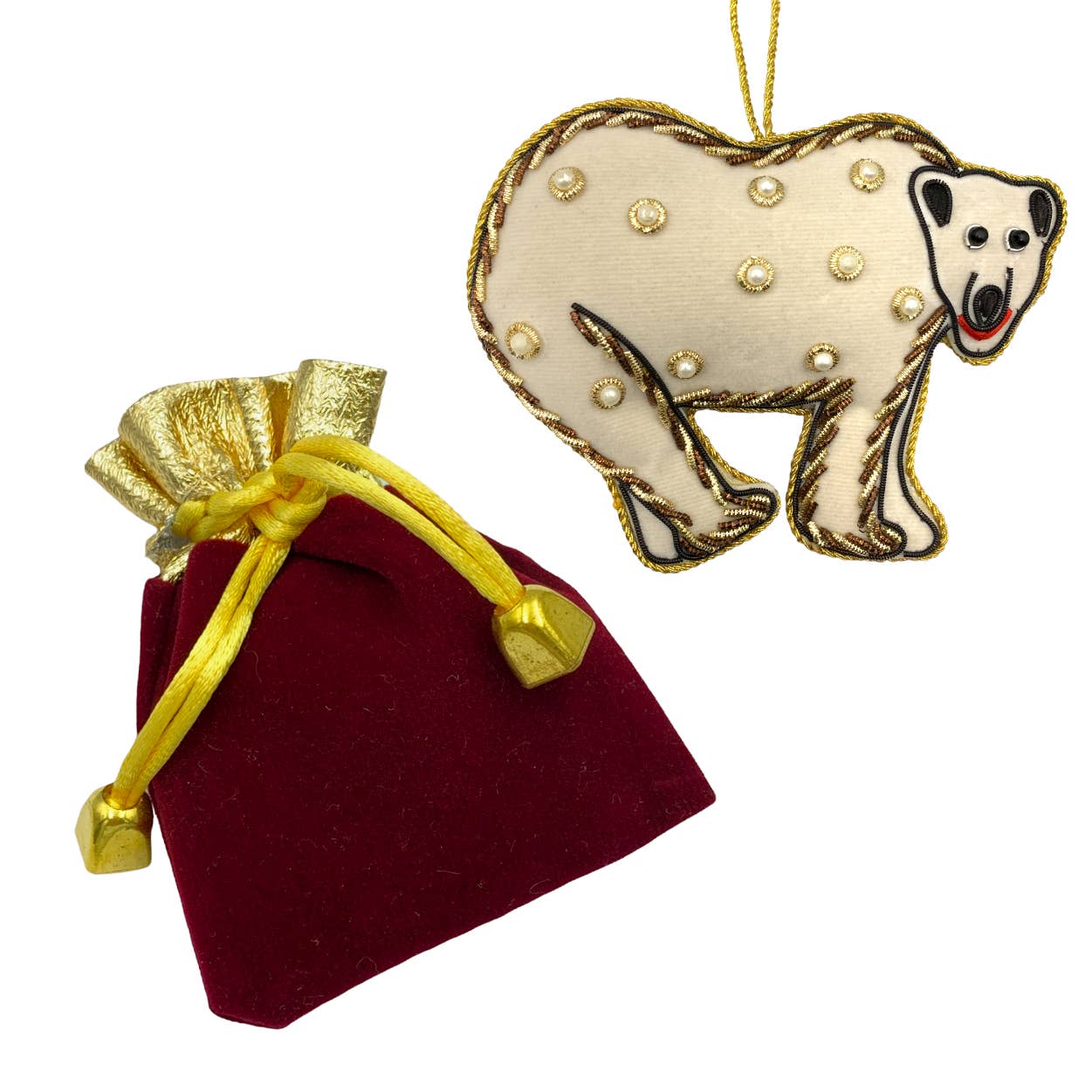 Zari Polar Bear Christmas Ornament, Zardozi Embroidery, Gift Bag