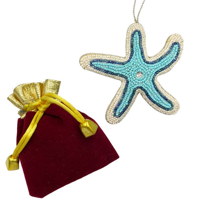 Zari Beaded Starfish Christmas Ornament, Zardozi Embroidery, Gift Bag