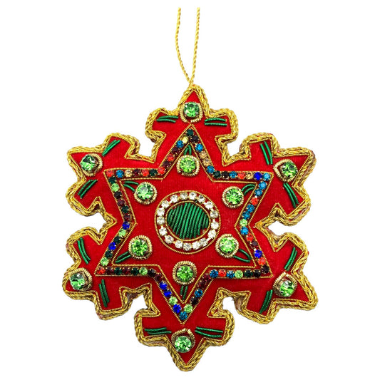 Zari Red Snowflake Christmas Ornament, Zardozi Embroidery, Gift Bag