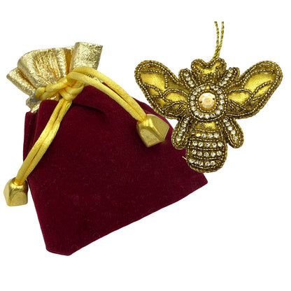 Zari Gold Honey Bee Christmas Ornament, Zardozi Embroidery, Gift Bag