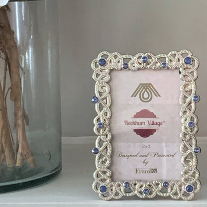 Mini Tabletop Picture Frame, Silver with Blue Rhinestones, Holds 2" x 3" Photo