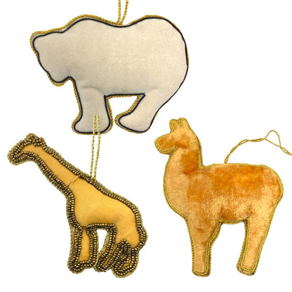 Zari Animals of the World Christmas Ornaments, Set of 3, Zardozi Embroidery