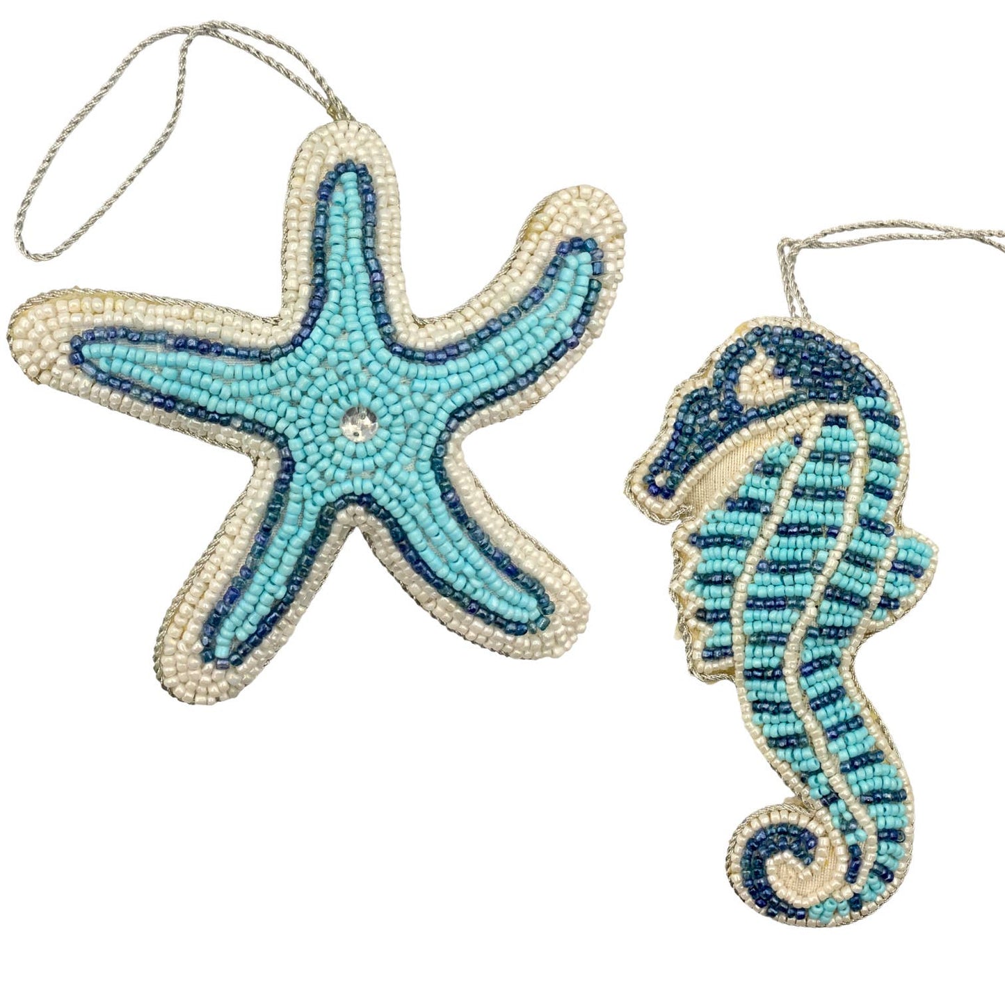 Zari Beaded Coastal Christmas Ornaments, Set of 2, Starfish & Seahorse, Gift Bag