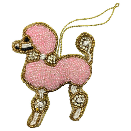 Zari Pink Beaded Poodle Christmas Ornament, Zardozi Embroidery, Gift Bag