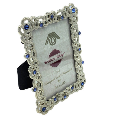 Mini Tabletop Picture Frame, Silver with Blue Rhinestones, Holds 2" x 3" Photo