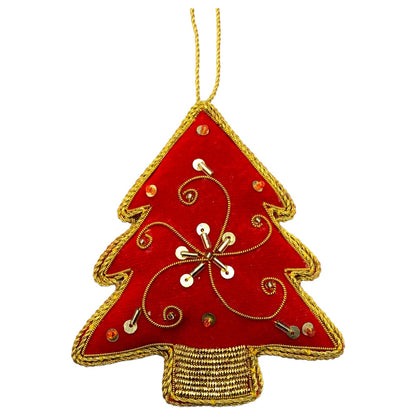 Zari Christmas Ornament, Red Tree, Zardozi Embroidery, Gift Bag