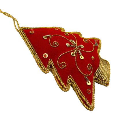 Zari Christmas Ornament, Red Tree, Zardozi Embroidery, Gift Bag