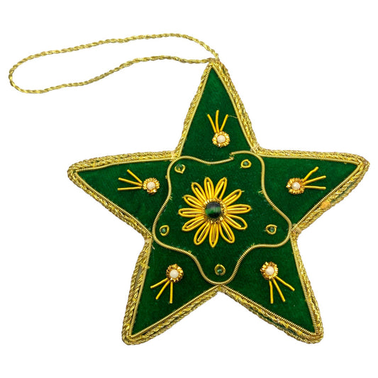 Zari Green Star Christmas Ornament, Zardozi Embroidery, Gift Bag