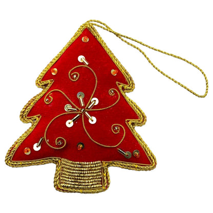 Zari Christmas Ornament, Red Tree, Zardozi Embroidery, Gift Bag