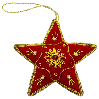 Zari Red Star Christmas Ornament, Zardozi Embroidery, Gift Bag