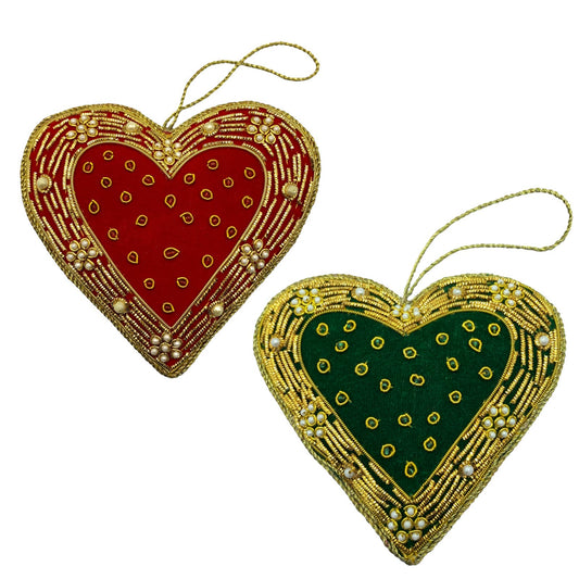 Zari Heart Christmas Ornaments, Set of 2, Red & Green, Embroidery, Gift Bag