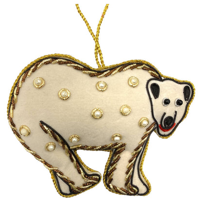 Zari Polar Bear Christmas Ornament, Zardozi Embroidery, Gift Bag