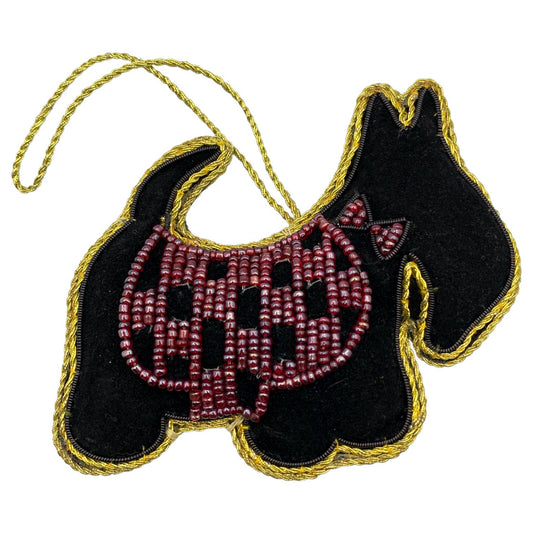 Zari Scottish Terrier Christmas Ornament, Zardozi Embroidery, Gift Bag