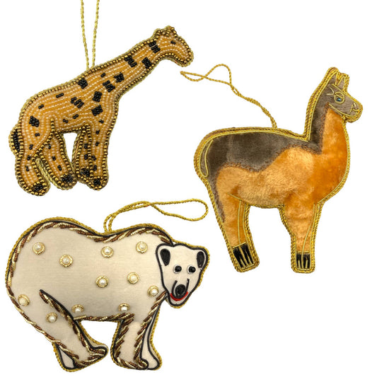 Zari Animals of the World Christmas Ornaments, Set of 3, Zardozi Embroidery