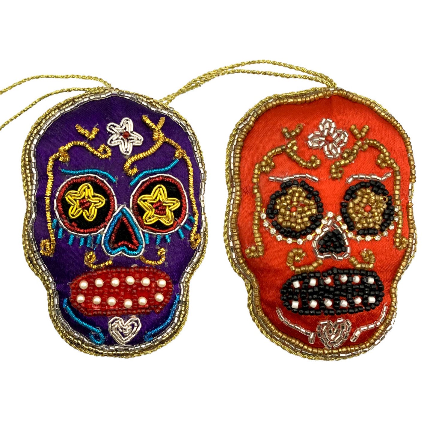 Zari Day of the Dead Skull Ornaments, Set of 2, Red & Purple Zardozi Embroidery